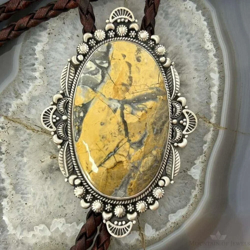 Sterling Southwestern Style Large Oval Picture Jasper Decorated Bolo Tie For Men